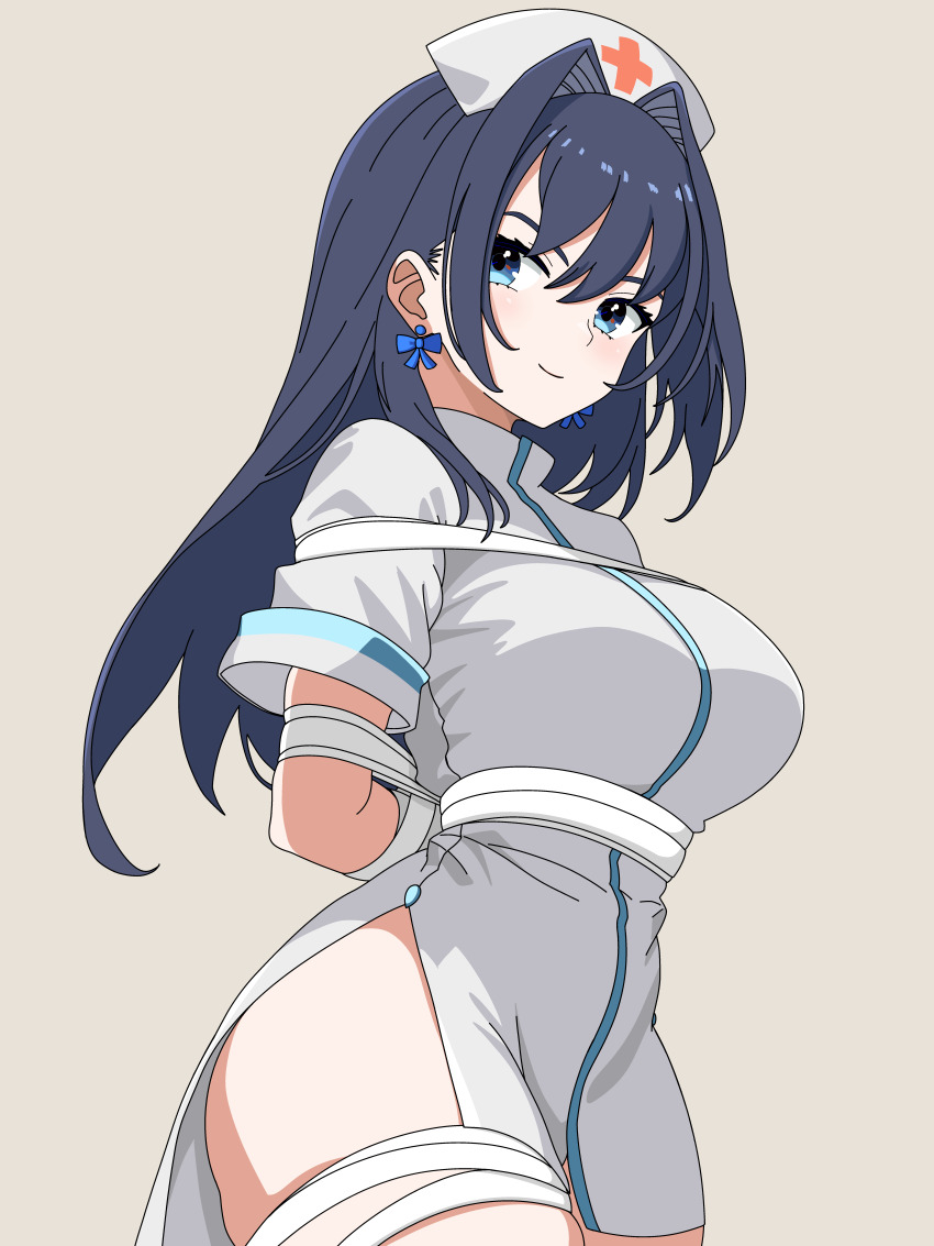 1girl, absurdres, arms_behind_back, bdsm, blue_eyes, bondage, bound, bound_torso, box_tie, breasts, earrings, female_focus, highres, hololive, hololive_english, jewelry, large_breasts, long_hair, master117, no_panties, nurse, ouro_kronii, restrained, solo, thighhighs, virtual_youtuber, zettai_ryouiki