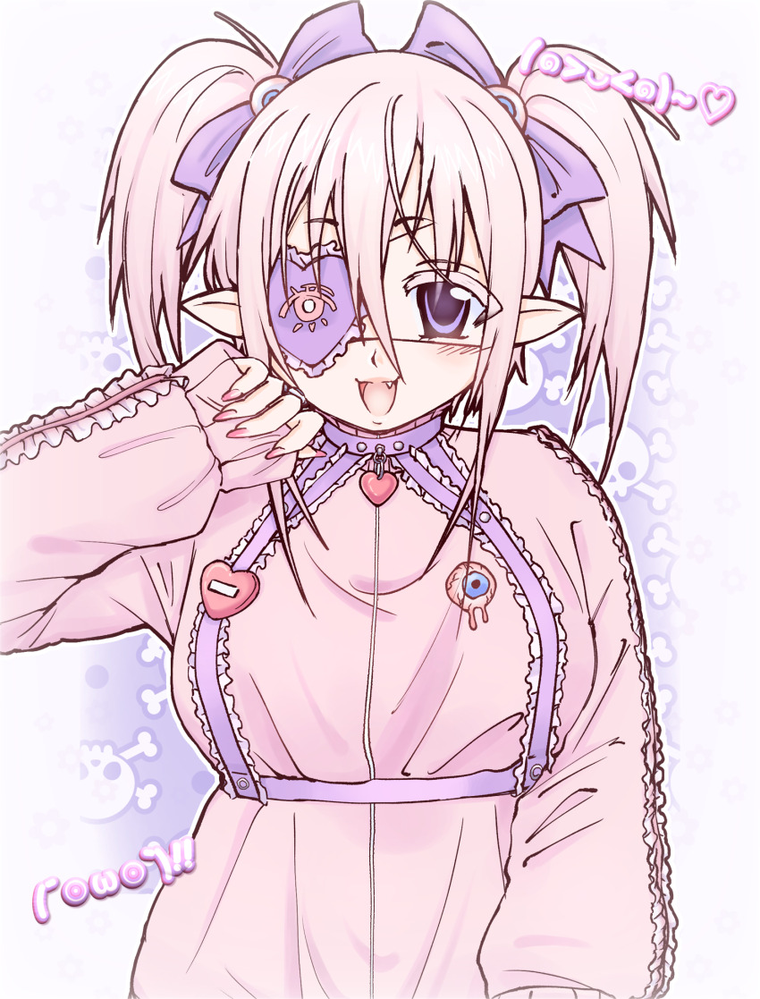 1girl, 2000s_(style), bow, chest_harness, commentary, english_commentary, eyeball, eyepatch