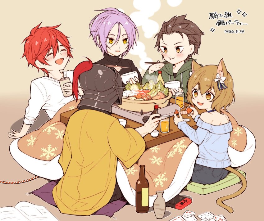 5boys, :d, :t, ^_^, alcohol, aldebaran_(re:zero), alternate_costume, animal_ears