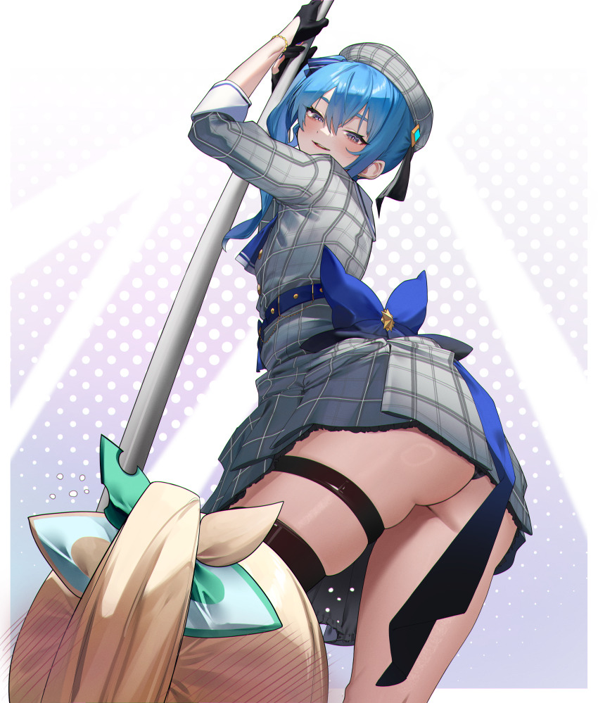 2girls, absurdres, arched_back, ascot, ass, back_bow, bead_bracelet, beads, belt, beret, black_gloves, black_panties, black_thighhighs, blue_ascot, blue_belt, blue_bow, blue_eyes, blue_hair, blue_ribbon, bow, bracelet, double-parted_bangs, eredhen, evil_smile, foreshortening, from_below, gloves, grey_hat, grey_jacket, grey_skirt, hair_between_eyes, hair_ribbon, hat, head_blush, highres, hololive, hololive_grand_theft_auto, hoshimachi_suisei, hoshimachi_suisei_(1st_costume), jacket, jewelry, kazama_iroha, kazama_iroha_(1st_costume), looking_at_another, medium_hair, miniskirt, multiple_girls, panties, pantyshot, partially_fingerless_gloves, plaid_clothes, plaid_hat, plaid_jacket, plaid_skirt, pleated_skirt, pole, pole_dancing, ribbon, seductive_smile, side_ponytail, sidelocks, single_thighhigh, skirt, skirt_set, sleeve_cuffs, three-quarter_sleeves, smile, solo_focus, stripper_pole, thigh_strap, thighhighs, underwear, upskirt, virtual_youtuber