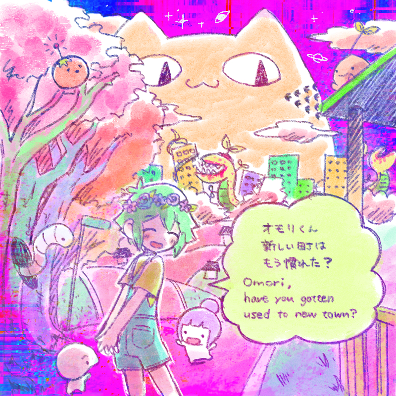 1girl, 2boys, basil_(headspace)_(omori), basil_(omori), big_yellow_cat_(omori), bilingual_text, blue_overalls, blush, bun_(omori), closed_eyes, colored_skin, english_text, flower, green_hair, head_wreath, king_carnivore_(omori), mixed-language_text, multiple_boys, nose_(omori), omori, open_mouth, overall_shorts, overalls, short_hair, smile, speech_bubble, sprout_mole, sun_iiinu, tree, u.f.o._(omori), white_skin, wormhole_(omori)