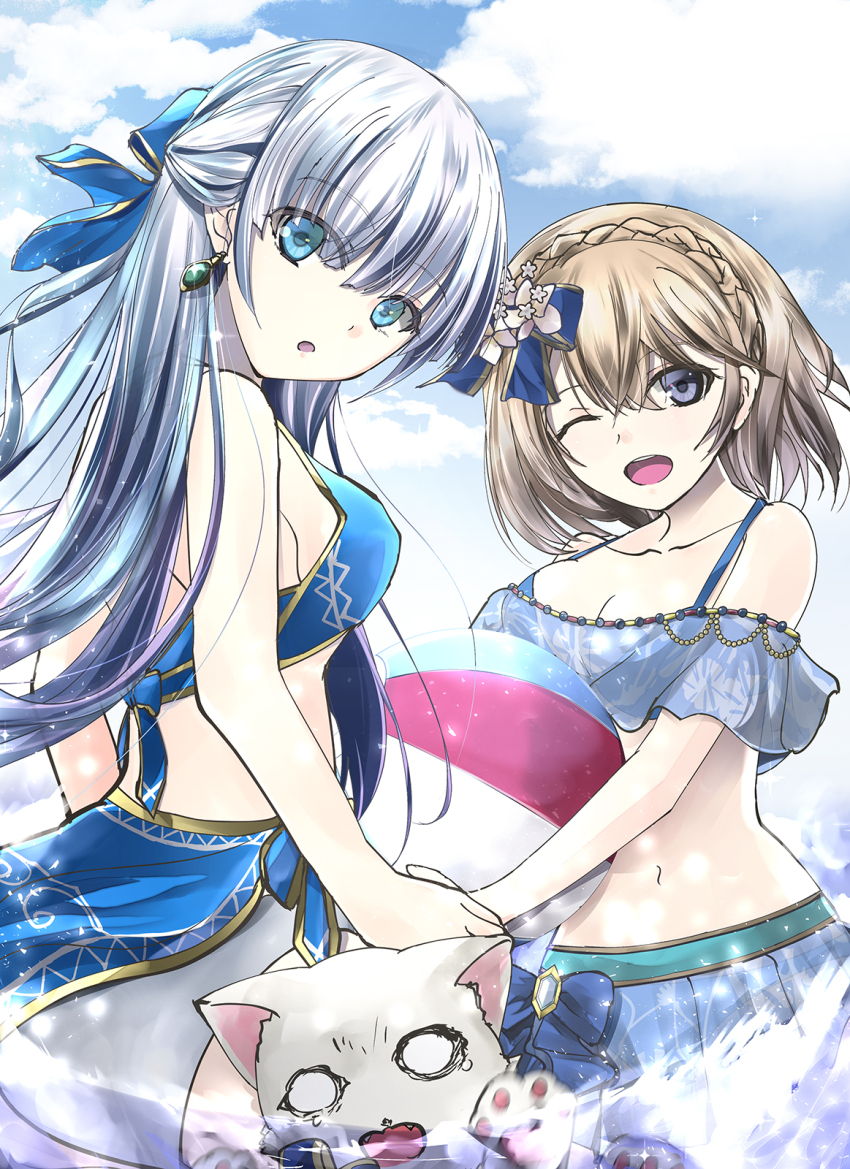 airis_(shironeko_project), ball, beachball, bikini, blonde_hair, bow, braid, breasts