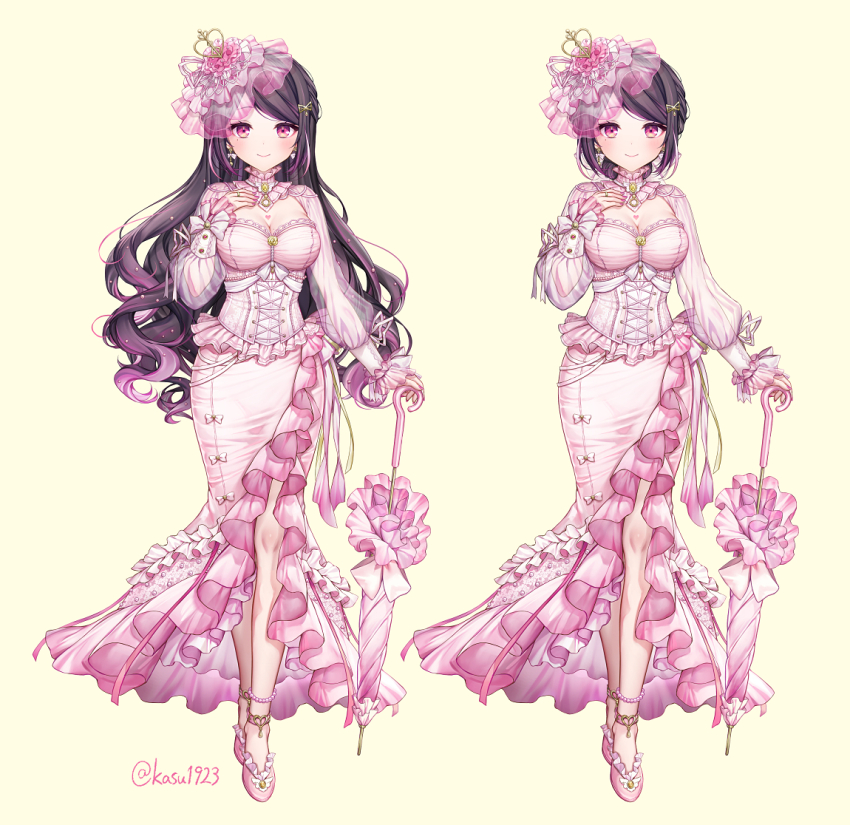 1girl, black_hair, breasts, corset, dress, earrings, frilled_hat, frills