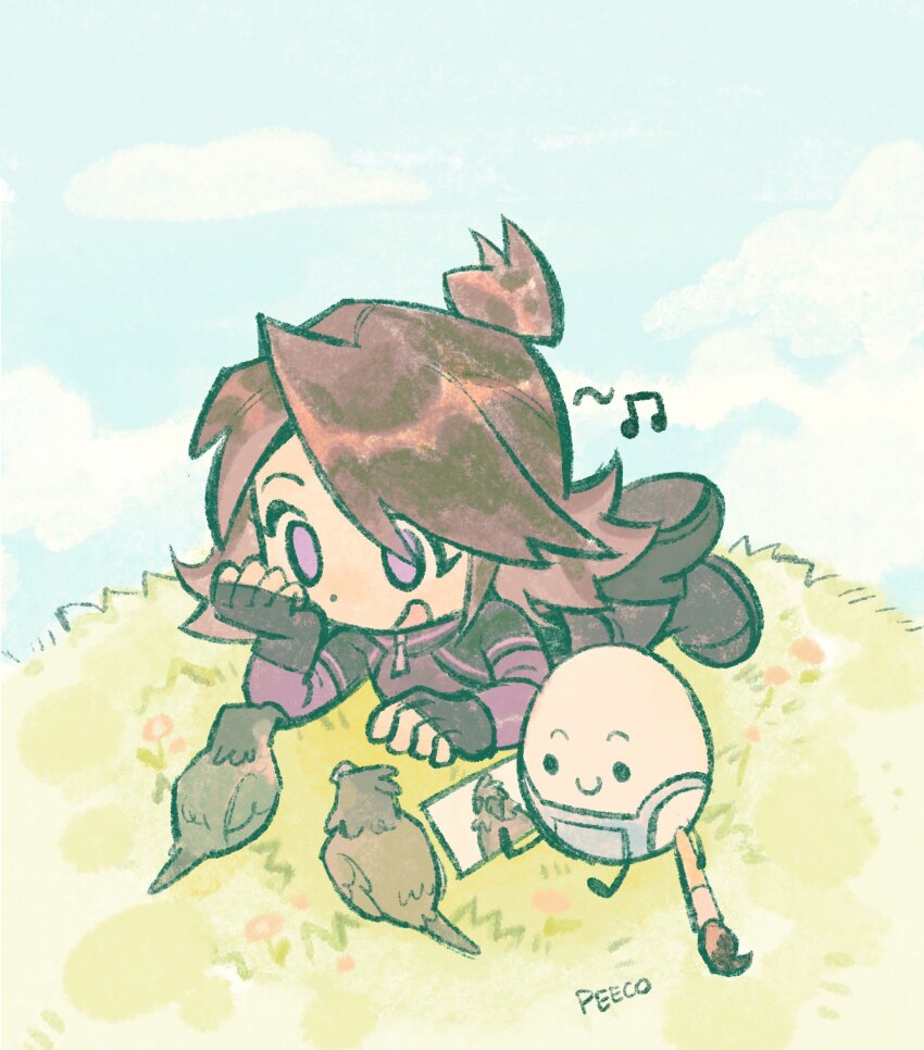 1girl, absurdres, adoptive_parent_and_adoptive_child, animate_object, bird, black_gloves, black_hair, bobby_(quackity_smp)