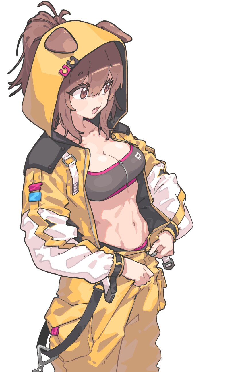 1girl, absurdres, animal_ears, bandeau, breasts, brown_eyes, brown_hair, cleavage, cowboy_shot, dog_ears, dog_girl, ears_through_headwear, fugota6509, highres, hololive, hood, hooded_jacket, inugami_korone, inugami_korone_(yb-2_overalls), jacket, long_sleeves, medium_breasts, midriff, navel, official_alternate_costume, pants, short_hair, solo, standing, stomach, strapless, tube_top, virtual_youtuber, yellow_jacket, yellow_pants