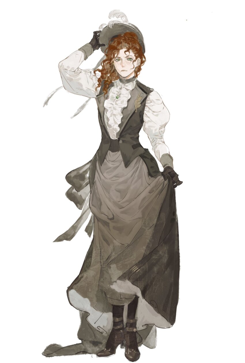 1girl, black_footwear, black_gloves, black_jacket, center_frills, curly_hair, freckles, frilled_shirt