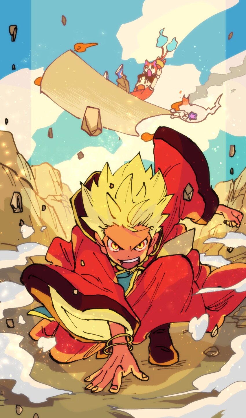 2boys, amano_keita, behind_another, blonde_hair, blue_sky, blur_layer, border, bracelet