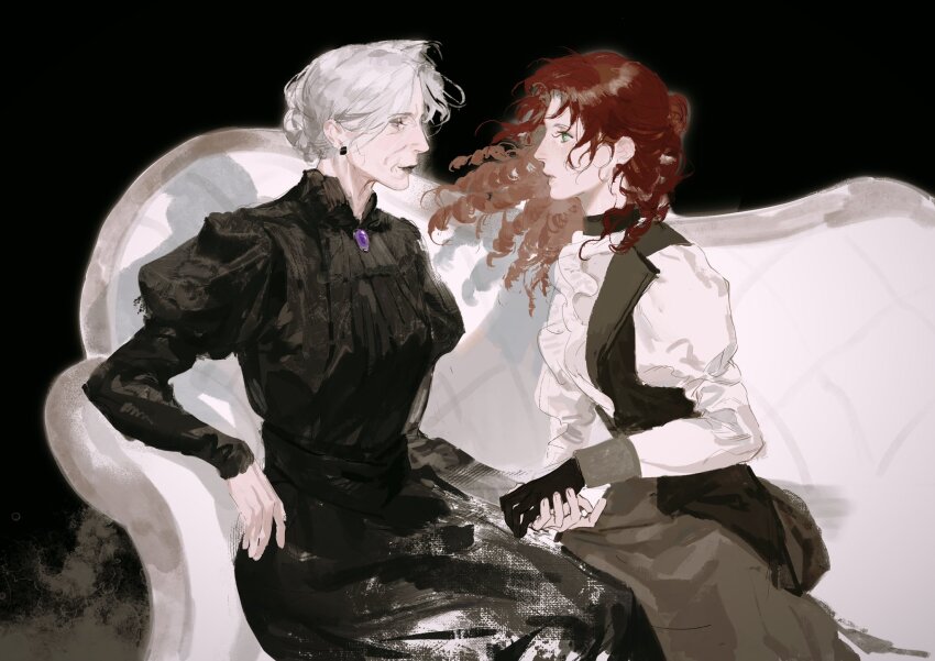 2girls, age_difference, black_background, black_dress, black_gloves, black_lips, couch, dress