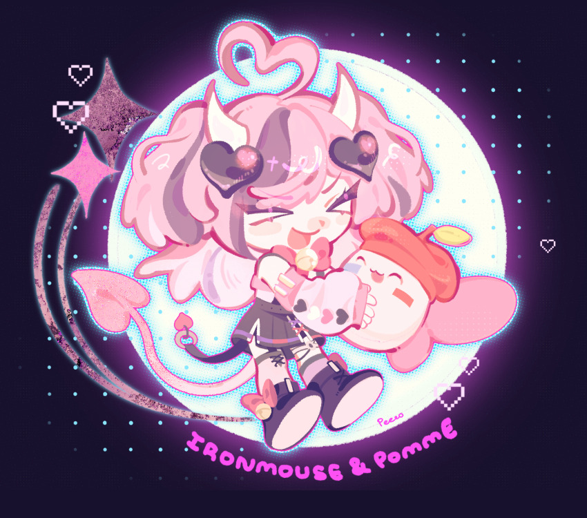 >_<, 1girl, ^_^, ahoge, animate_object, apple, bell, beret