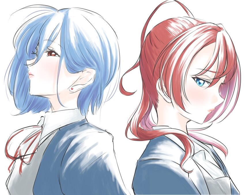 2girls, absurdres, back-to-back, blue_eyes, blue_hair, blue_jacket, closed_mouth, collared_shirt