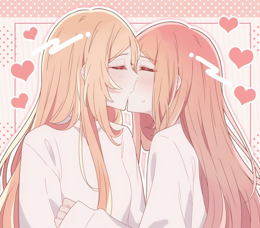2girls, blonde_hair, closed_eyes, commentary, fuwa_aya, heart, highres, kiss