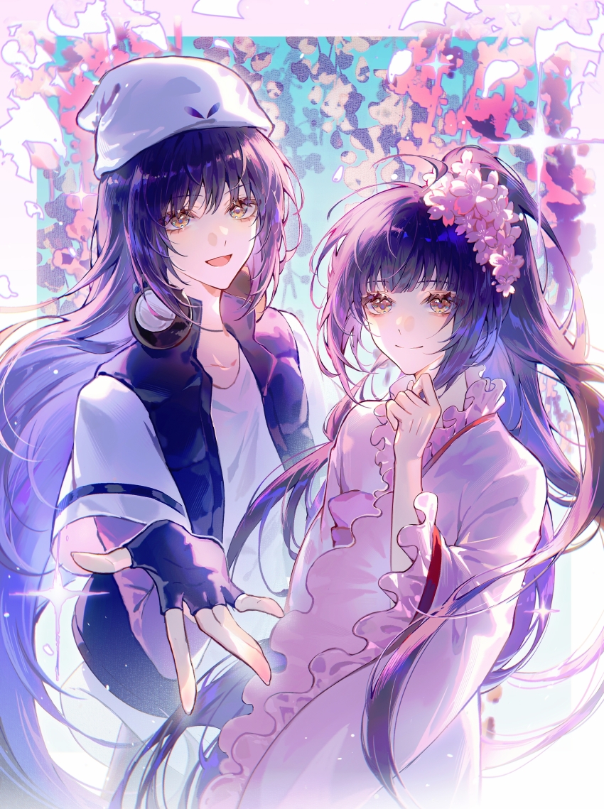 2boys, :d, absurdres, beanie, beat_jumper, beckoning, black_gloves, black_vest, blue_background, blunt_bangs, cherry_blossoms, closed_mouth, cowboy_shot, crossdressing, crossdressing_(mtf), dual_persona, fingerless_gloves, flower, frilled_kimono, frilled_sleeves, frills, fujisaki_nadeshiko, fujisaki_nagihiko, gloves, hair_flower, hair_ornament, hand_on_own_chin, hat, headphones, headphones_around_neck, highres, japanese_clothes, kimono, layered_sleeves, long_hair, long_sleeves, looking_at_viewer, male_focus, multiple_boys, open_clothes, open_mouth, open_vest, outside_border, pink_flower, pink_kimono, ponytail, purple_hair, purple_sleeves, shirt, short_over_long_sleeves, short_sleeves, shugo_chara!, smile, sparkle, standing, trap, vest, white_hat, white_shirt, wide_sleeves, yamato_maihime, yellow_eyes, zhumojian