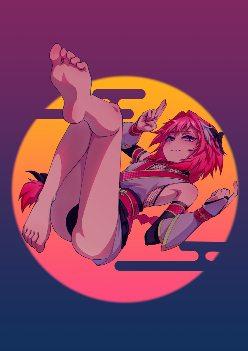 1boy, absurdres, ass, astolfo_(exhibition_attire)_(fate), astolfo_(fate), barefoot, black_bow, black_panties, bow, braid, bulge, detached_sleeves, fang, fate/grand_order, fate_(series), feet, grey_kimono, hair_bow, hair_intakes, hej_510, highres, japanese_clothes, kimono, long_braid, long_hair, looking_at_viewer, male_focus, multicolored_hair, ninja, panties, pink_hair, purple_eyes, short_kimono, single_braid, skin_fang, smile, solo, streaked_hair, trap, underwear, very_long_hair, white_hair