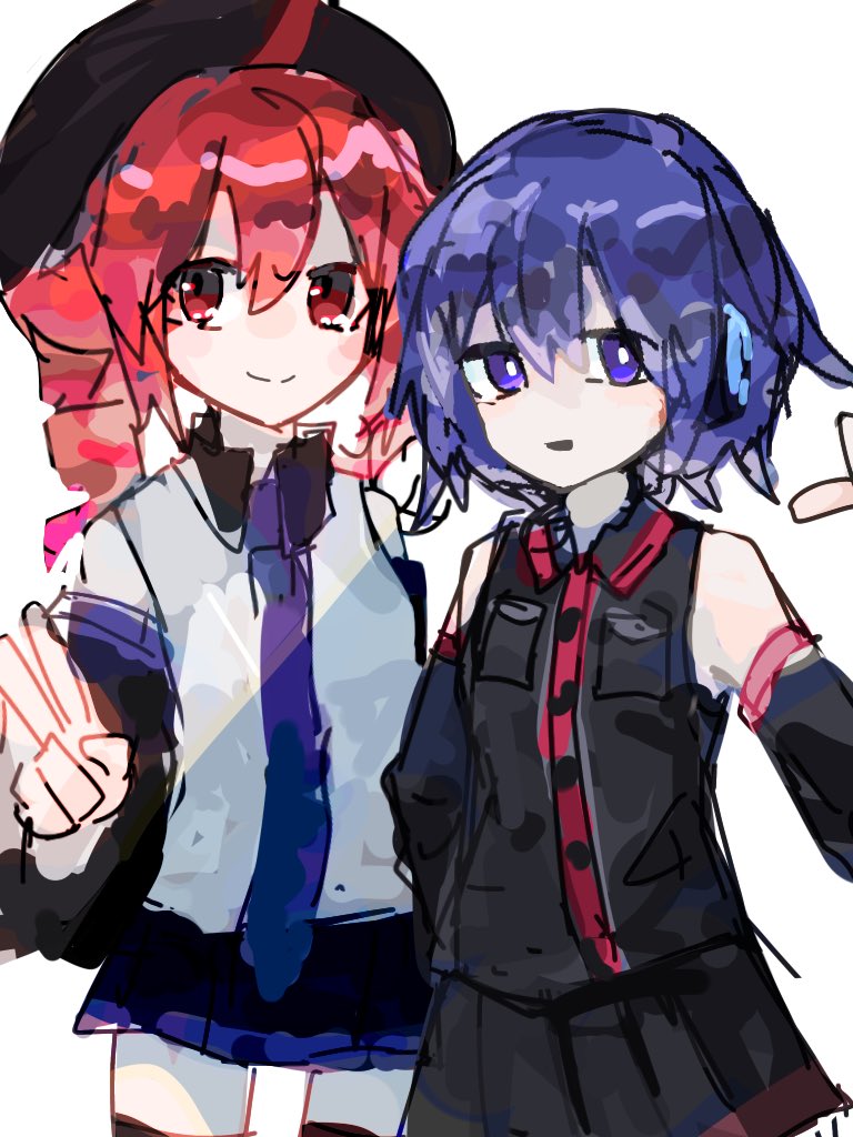 2girls, :d, ahoge, bare_shoulders, beret, black_hat, black_shirt, black_skirt