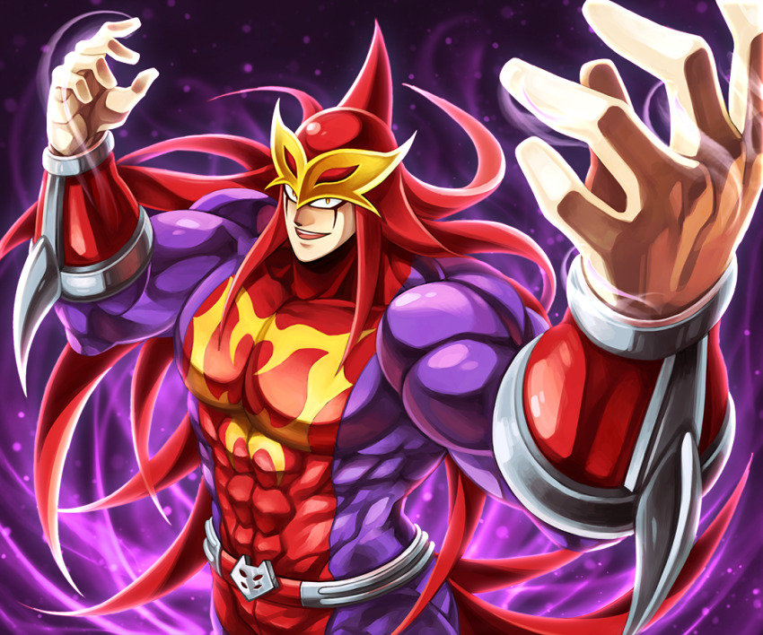 1boy, abs, artist_request, aura, belt, biceps, blue_eyes, bodysuit, facial_mark, fingernails, grin, kinnikuman, kinnikuman_nisei, large_pectorals, long_hair, looking_at_viewer, manly, muscular, pectorals, purple_background, red_belt, red_bodysuit, red_footwear, red_hood, scarface_(kinnikuman), smile, solo, standing, wrestling, wrestling_outfit