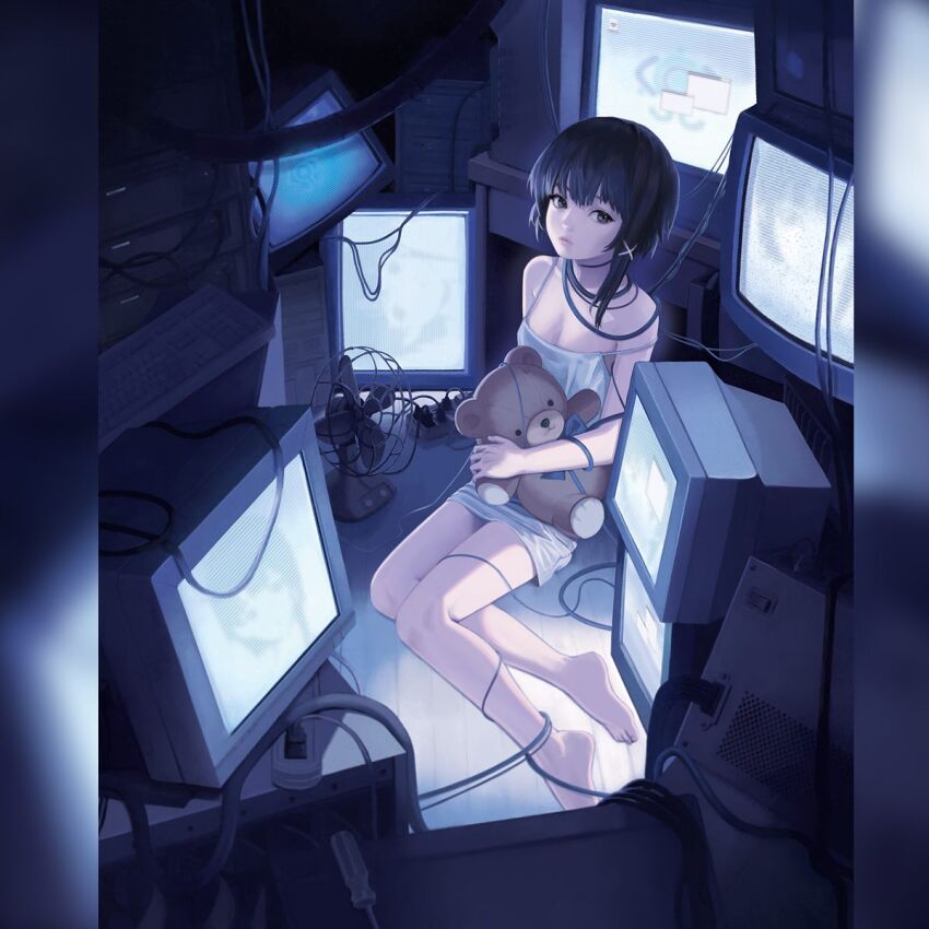 1girl, barefoot, breasts, brown_hair, cleavage, commentary, computer_keyboard, crt