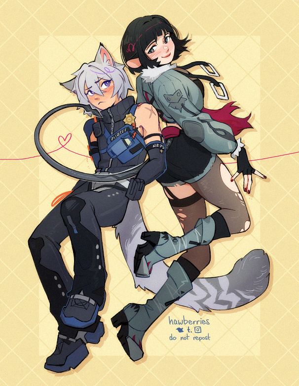 1boy, 1girl, animal_ears, black_gloves, black_hair, boots, cat_boy, cat_ears