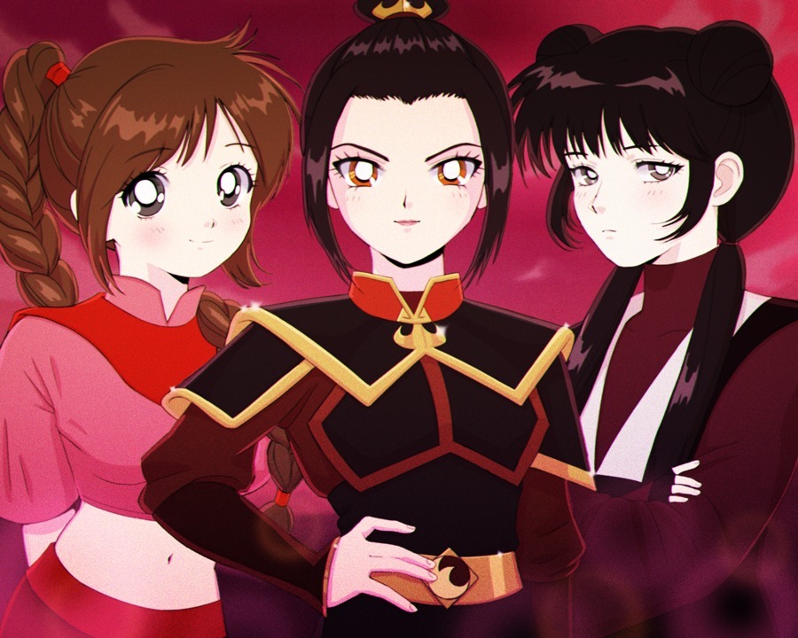 3girls, avatar:_the_last_airbender, avatar_legends, azula, black_hair, braid, braided_ponytail, breasts, brown_eyes, brown_hair, crop_top, cropped_shirt, double_bun, frown, hair_bun, hand_on_own_hip, low_twintails, mai_(avatar), midriff, multiple_girls, navel, pink_background, retro_artstyle, single_braid, small_breasts, smile, turtleneck, twintails, ty_lee, vampire_valentine