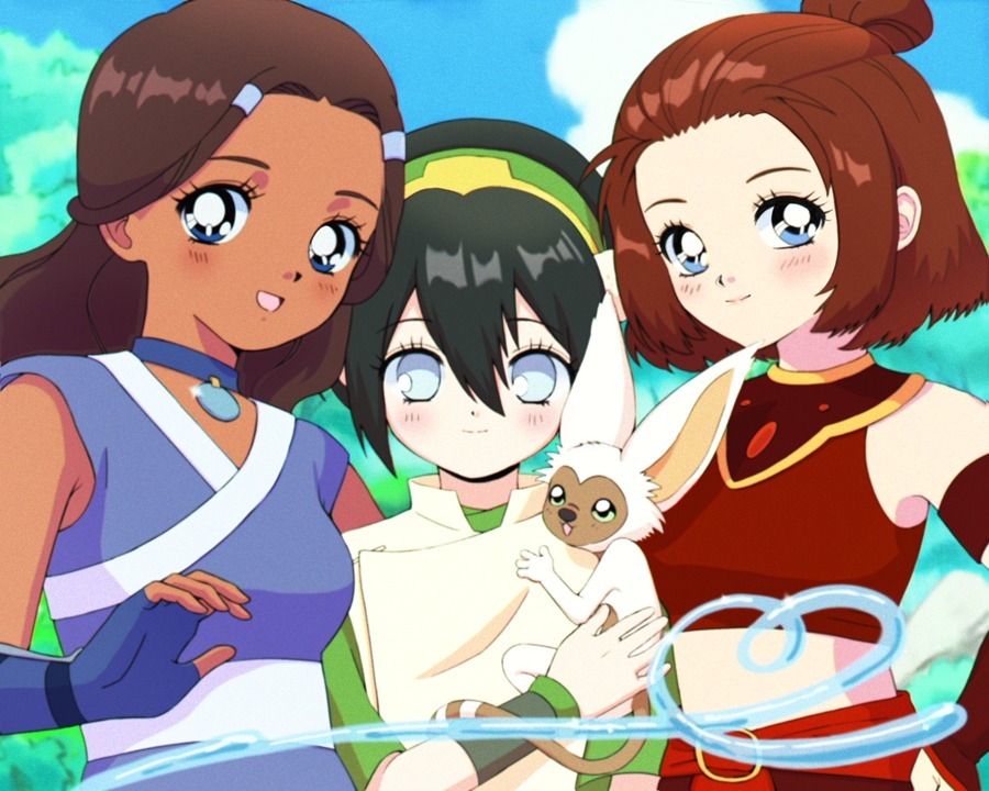 3girls, avatar:_the_last_airbender, avatar_legends, black_hair, blind, blue_collar, blue_eyes, blue_gloves
