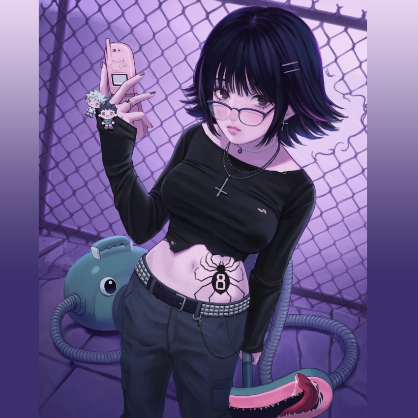 1girl, bead_necklace, beads, belt, black_belt, black_eyes, black_hair, breasts