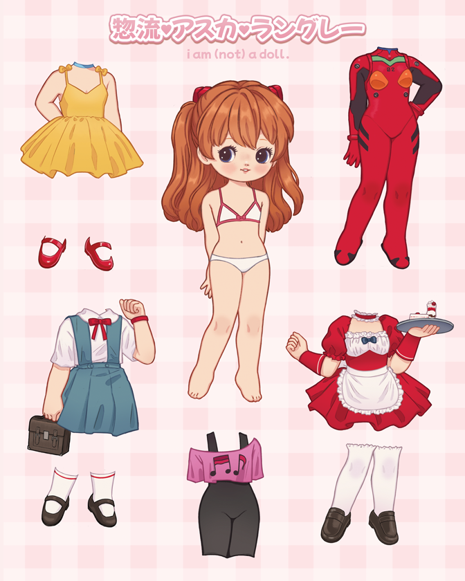 1girl, apron, arms_behind_back, ascot, bag, beamed_sixteenth_notes, black_unitard, blue_eyes