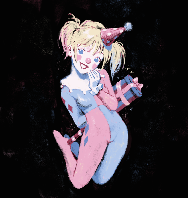 1girl, arm_behind_back, batman_(series), blonde_hair, blue_eyes, blue_hair, breasts, clown