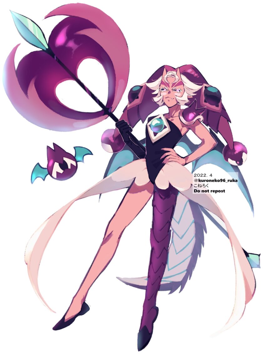 1girl, :3, absurdres, armor, asymmetrical_legwear, black_footwear, black_leotard, black_sclera, breasts, closed_mouth, collarbone, colored_sclera, colored_skin, commentary_request, cookie_run, cookie_run:_ovenbreak, dragon_girl, dragon_tail, facial_mark, fang, full_body, genderswap, genderswap_(otf), hand_on_own_hip, hat, highres, holding, holding_weapon, horns, humanization, jester_cap, kuroneko96_ruka, legs_apart, leotard, looking_at_viewer, lychee_dragon_cookie, pink_eyes, pink_skin, purple_hat, scales, short_hair, shoulder_armor, simple_background, single_bare_arm, skin-covered_horns, small_breasts, standing, tail, weapon, white_background, white_hair