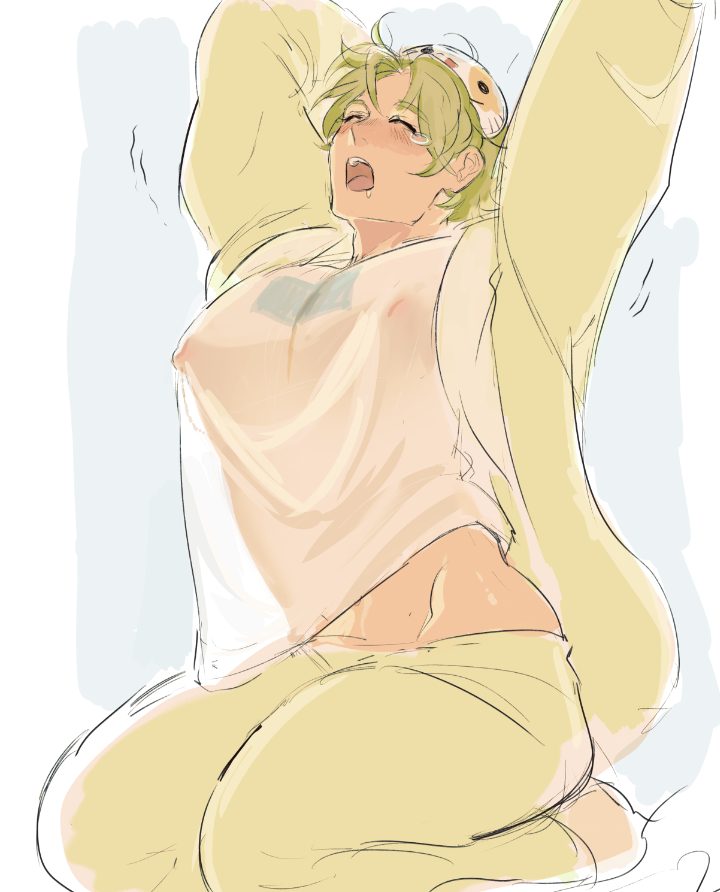 1boy, arms_up, blush, closed_eyes, commentary, crismlt, english_commentary, eye_mask, green_hair, green_jacket, green_pants, groin, jacket, large_pectorals, long_sleeves, male_focus, mask, mask_on_head, nipples, nu_carnival, olivine_(nu_carnival), open_mouth, pants, pectorals, puffy_nipples, see-through_clothes, shirt, short_hair, solo, tears, teeth, tongue, upper_teeth_only