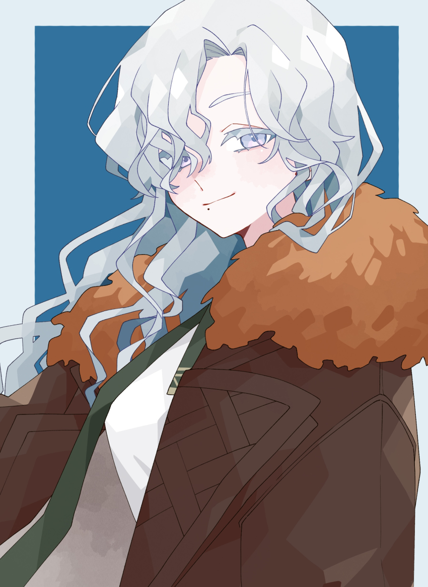 1girl, absurdres, blue_background, brown_coat, coat, curly_hair, eyes_visible_through_hair, fur-trimmed_coat