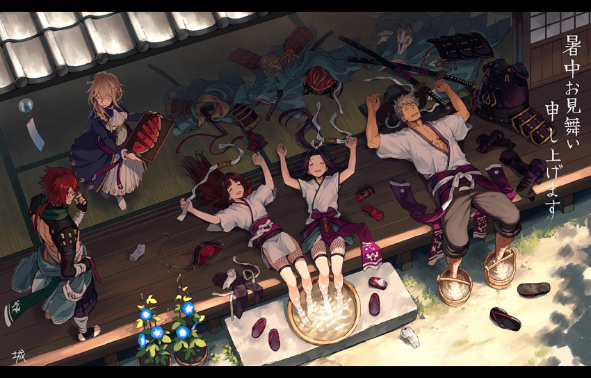 2boys, 3girls, amane_(ta_ga_tame_no_alchemist), armor, artist_name, azami_(ta_ga_tame_no_alchemist), barefoot, black_hair