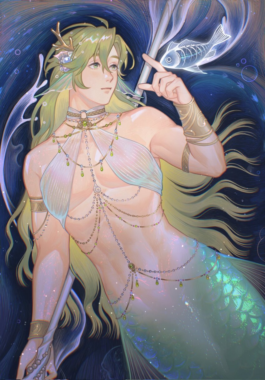 1boy, abs, air_bubble, alternate_hairstyle, arm_up, bare_shoulders, bracelet, bracer, bubble, chinese_commentary, closed_mouth, commentary_request, dutch_angle, fins, fish, green_eyes, green_hair, hair_ornament, highres, holding, holding_polearm, holding_weapon, horns, index_finger_raised, jewelry, long_hair, looking_at_animal, male_focus, mermaid, merman, monster_boy, monster_girl, muoi40826967, necklace, nu_carnival, olivine_(nu_carnival), polearm, scales, see-through_clothes, solo, weapon