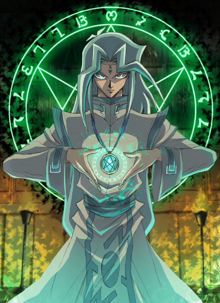 1boy, aqua_eyes, aqua_hair, bright_pupils, dartz_(yu-gi-oh!), fire, forehead_jewel, heterochromia