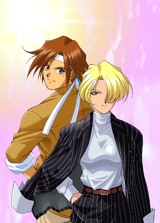 1990s_(style), 2girls, abstract_background, alternate_costume, belt, belt_buckle, black_collar, black_footwear