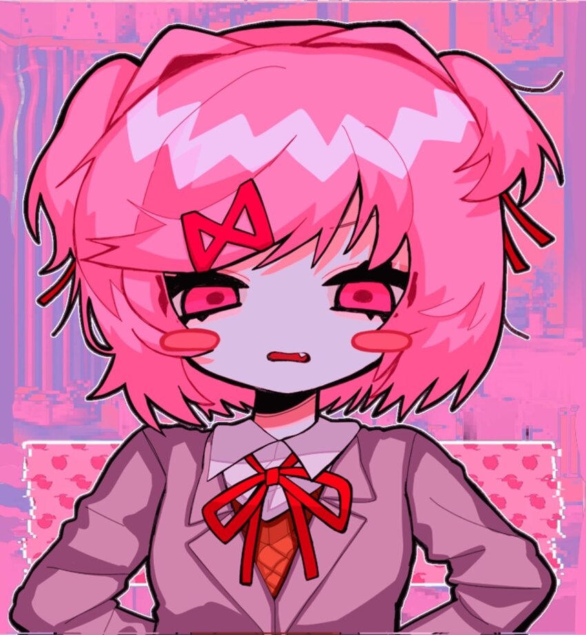 1girl, blush_stickers, brown_sweater, collared_shirt, commentary_request, doki_doki_literature_club, doki_doki_literature_club_school_uniform, fang, grey_jacket, hair_intakes, hair_ornament, hair_ribbon, highres, jacket, kobanzame_omo, lapels, long_sleeves, looking_at_viewer, natsuki_(doki_doki_literature_club), neck_ribbon, open_mouth, outline, pink_background, pink_eyes, pink_hair, red_ribbon, ribbon, school_uniform, shirt, short_hair, simple_background, solo, straight-on, sweater, two_side_up, upper_body, white_outline, white_shirt