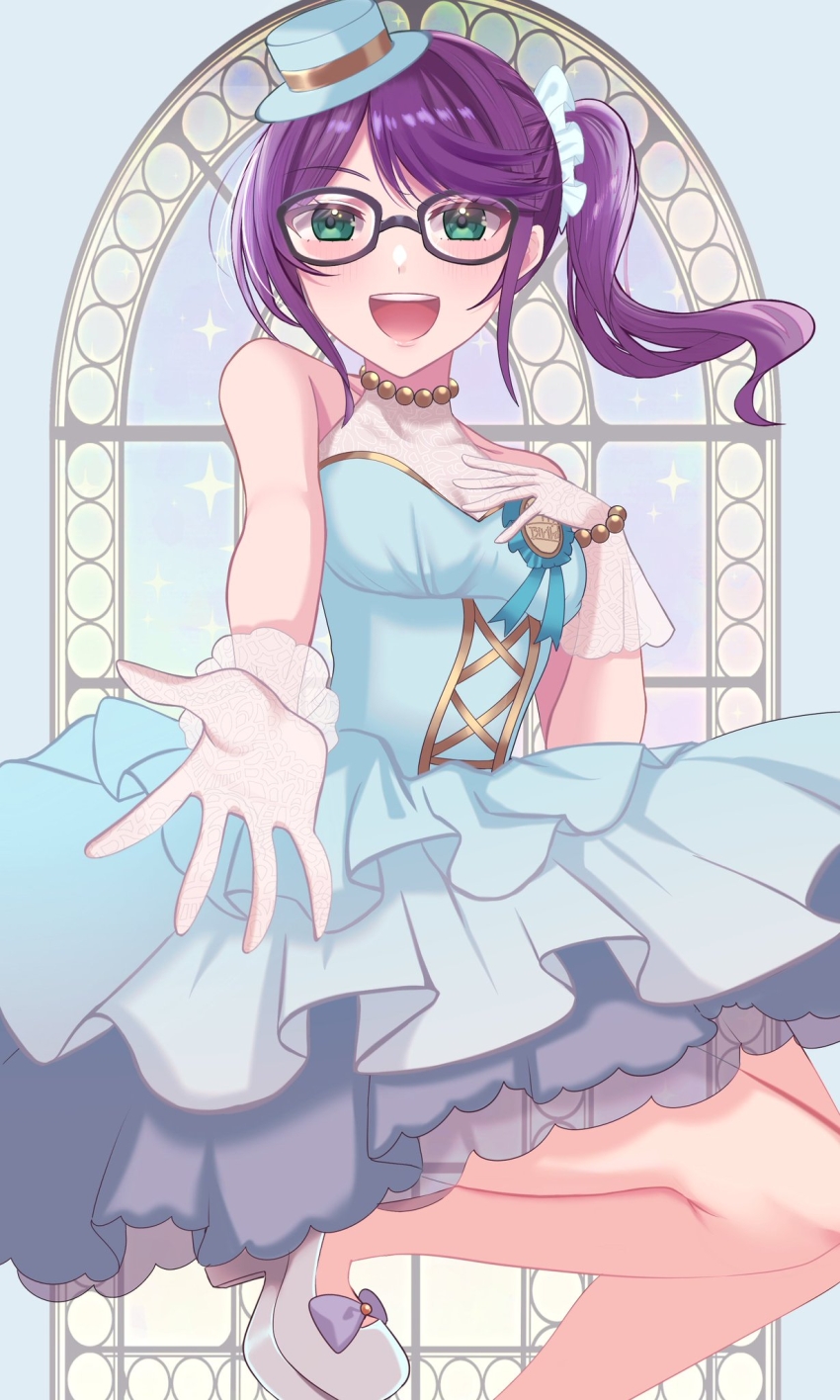 1girl, :d, alternate_hairstyle, bare_shoulders, bead_bracelet, bead_necklace, beads, black-framed_eyewear