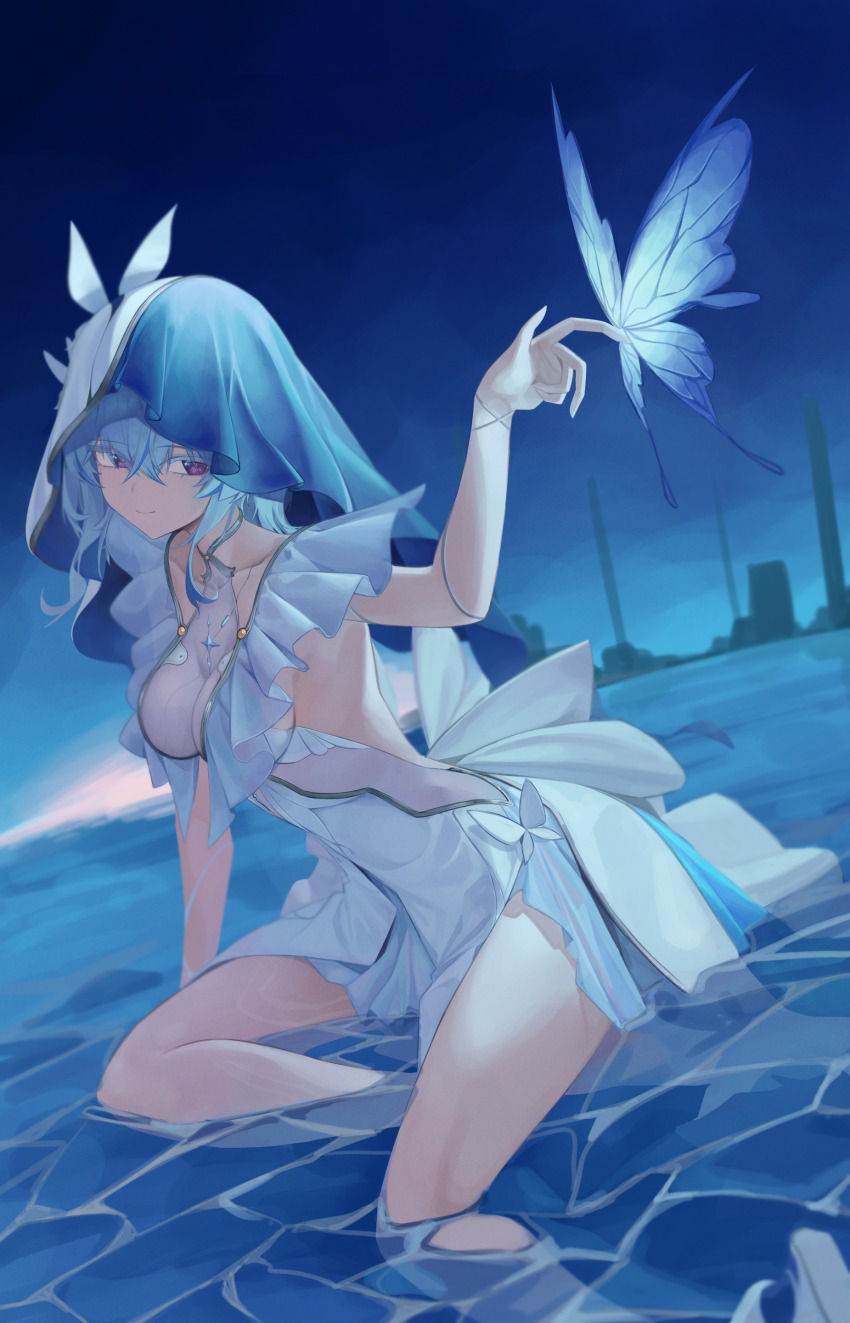 1girl, absurdres, arm_support, blue_butterfly, blue_hair, blue_veil, bokk_eouh, breasts