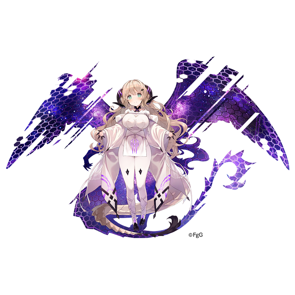 1girl, blonde_hair, bow, braid, breasts, dragon_girl, dragon_horns, dragon_tail, dress, green_eyes, horns, large_breasts, long_hair, melvilay_(ta_ga_tame_no_alchemist), official_art, oppai_loli, second-party_source, simple_background, smile, solo, standing, ta_ga_tame_no_alchemist, tail, very_long_hair, white_dress, wide_sleeves