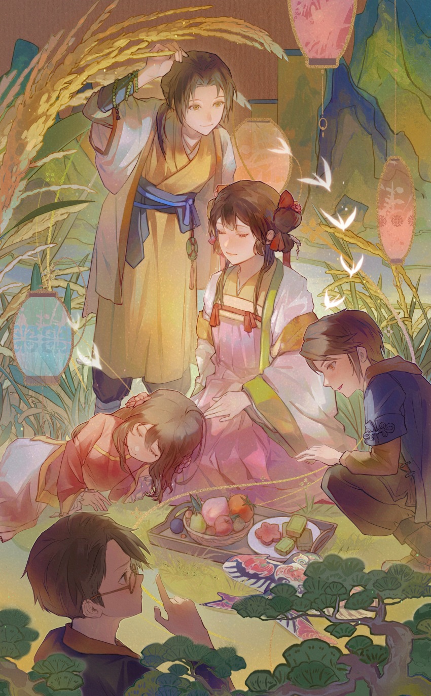 2girls, 3boys, absurdres, axis_powers_hetalia, branch, brown_eyes, brown_hair, china_(female)_(hetalia)