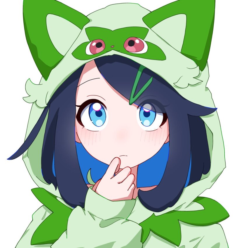 1girl, black_hair, blue_eyes, blue_hair, blush, closed_mouth, cowlick, eyelashes