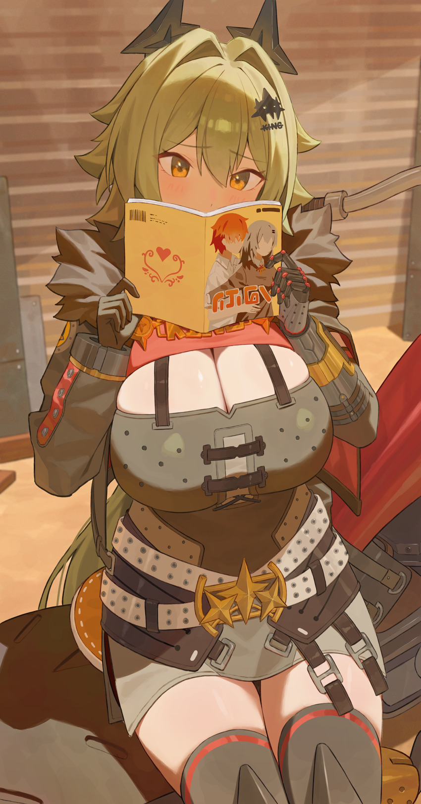 1girl, absurdres, black_gloves, black_jacket, blush, breasts, caesar_king_(zenless_zone_zero), cleavage, cowboy_shot, crro, fur-trimmed_jacket, fur_trim, furrowed_brow, gloves, green_hair, hair_between_eyes, highres, jacket, large_breasts, long_hair, open_clothes, open_jacket, reading, sidelocks, sitting, solo, yellow_eyes, zenless_zone_zero