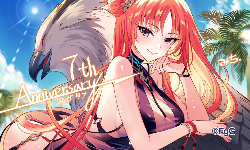 1girl, 1other, artist_name, bare_shoulders, beak, breasts, closed_mouth, copyright_name, griffin, head_rest, highres, irene_(ta_ga_tame_no_alchemist), large_breasts, lens_flare, long_hair, monster, official_alternate_costume, official_art, orange_hair, outdoors, purple_eyes, sky, solo, swimsuit, ta_ga_tame_no_alchemist, thighs, very_long_hair