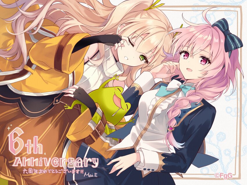 2girls, ;), absurdres, aqua_bow, aqua_bowtie, arondight_(phantom_of_the_kill), blonde_hair, bow