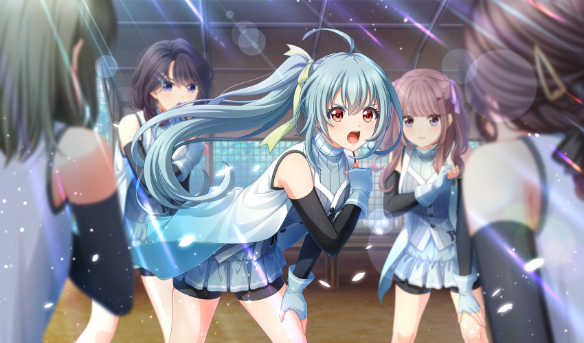 5girls, aqua_gloves, aqua_shirt, armband, baseball_field, bike_shorts, bike_shorts_under_skirt, black_hair