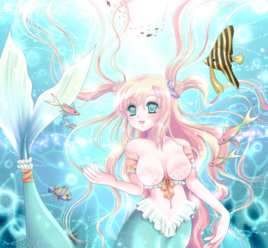 1girl, :d, aqua_background, aqua_eyes, aqua_theme, armlet, bare_shoulders, blonde_hair, bow, breasts, caustics, double_bun, female_focus, fish, floating_hair, frills, green_eyes, hair_bun, izumi_shara, jewelry, lace, large_breasts, long_hair, mermaid, monster_girl, nail_polish, ocean, open_mouth, original, ribbon, smile, solo, striped, underwater, very_long_hair