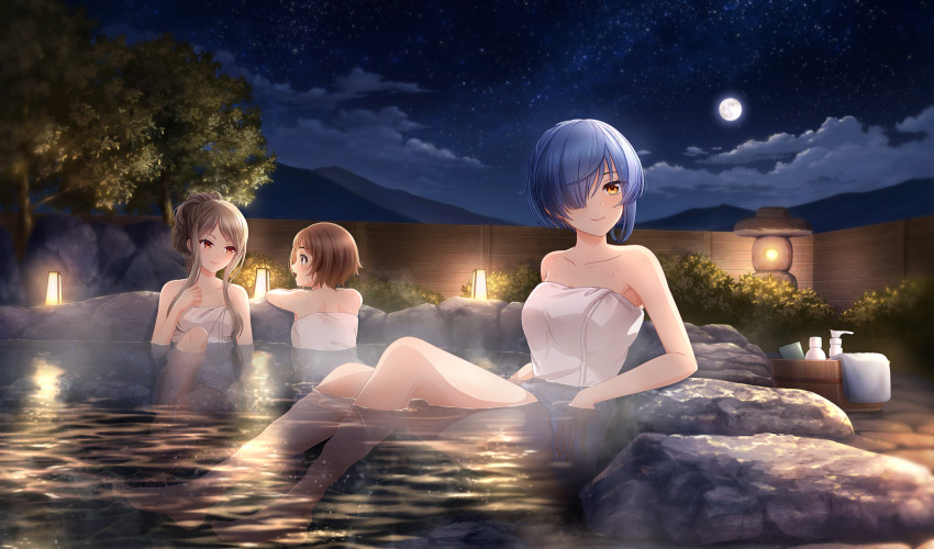 3girls, asymmetrical_hair, barefoot, blue_hair, brown_hair, bucket, cinderella_series, closed_mouth