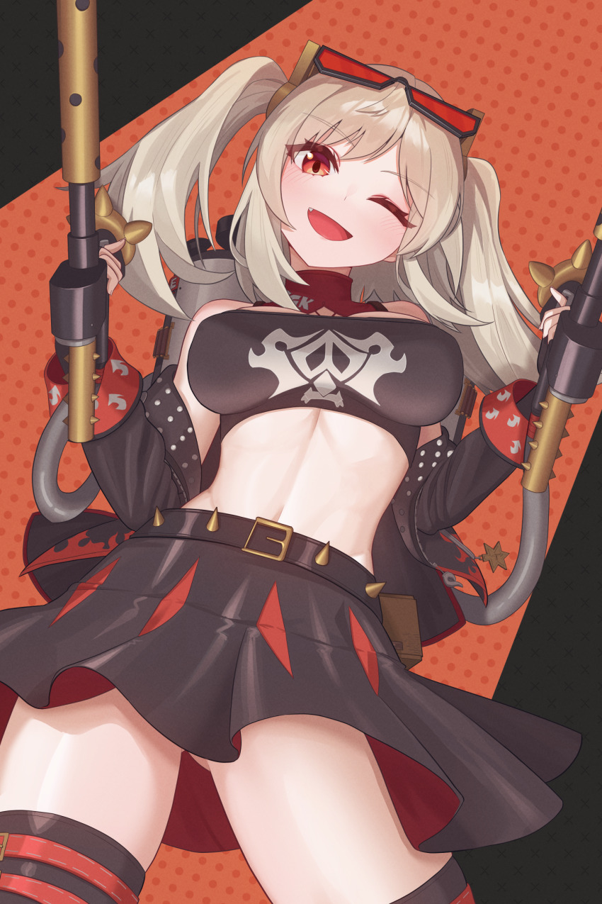 1girl, black_gloves, black_jacket, black_skirt, blonde_hair, breasts, burnice_white, eyewear_on_head