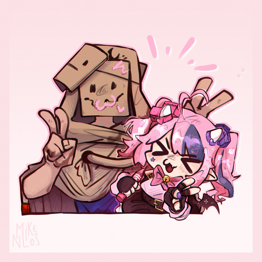 >_<, 1boy, 1girl, ahoge, antoine_daniel, bell, bow, clip_studio_paint_(medium), closed_eyes, commentary, crayon, demon_girl, demon_horns, demon_wings, english_commentary, hair_ornament, heart, heart_ahoge, heart_hair_ornament, highres, holding, holding_crayon, hood, hood_up, horns, ironmouse, ironmouse_(1st_costume), mask, mikenlos, minecraft_youtube, multicolored_hair, neck_bell, open_mouth, pink_hair, pink_sweater, purple_hair, quackity_smp, smile, streaked_hair, sweater, virtual_youtuber, vshojo, white_horns, wings