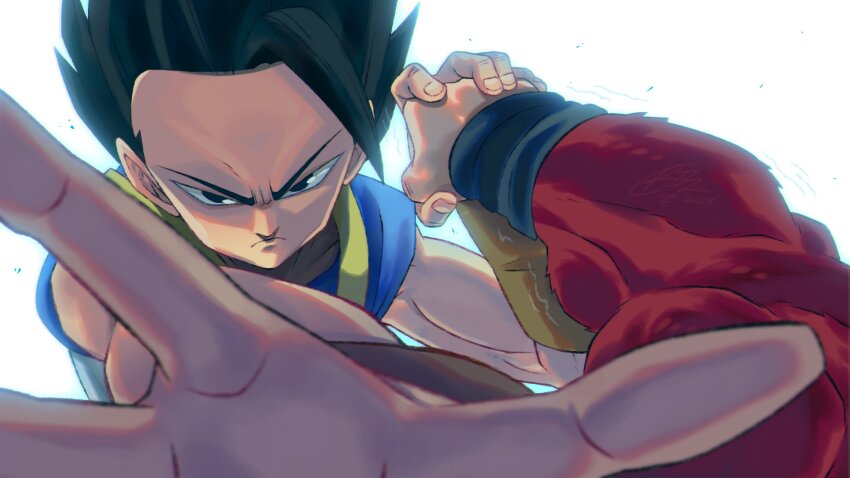 2024, 2boys, absurdres, artist_name, black_eyes, black_hair, blue_shirt, cabba