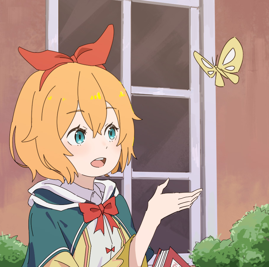 1girl, :d, book, bow, bow_hairband, bug, bush, butterfly