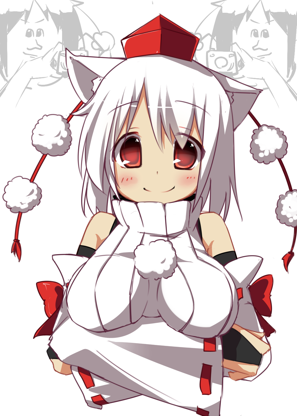 1girl, animal_ears, bad_id, bad_pixiv_id, bare_shoulders, blush, breast_lift, breasts, bridal_gauntlets, chibi, chibi_inset, detached_sleeves, ebiebiebio, female_focus, hat, highres, inubashiri_momiji, large_breasts, looking_at_viewer, red_eyes, shameimaru_aya, short_hair, sleeveless, smile, solo, sweater, tokin_hat, touhou, turtleneck, upper_body, white_hair, wolf_ears